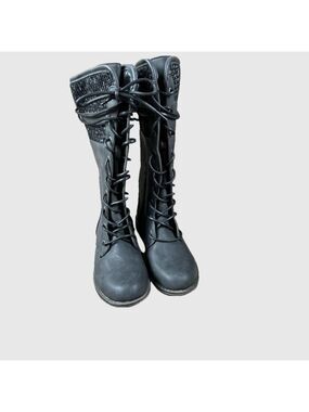 ShoeDazzle Lexis Black Combat Boots w/wraparound laces& sweater detail sz 7 EUC